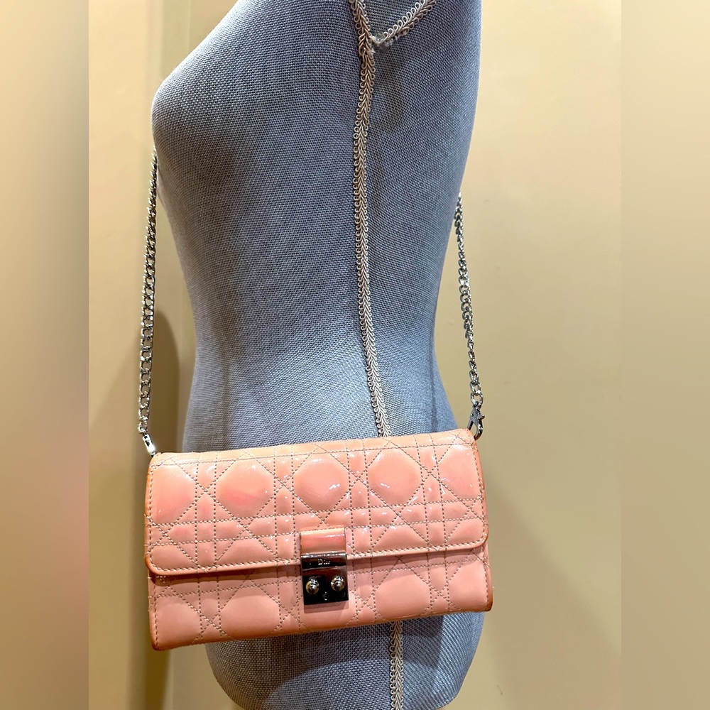 Dior Light Pink Lambskin Cannage Wallet on Chain